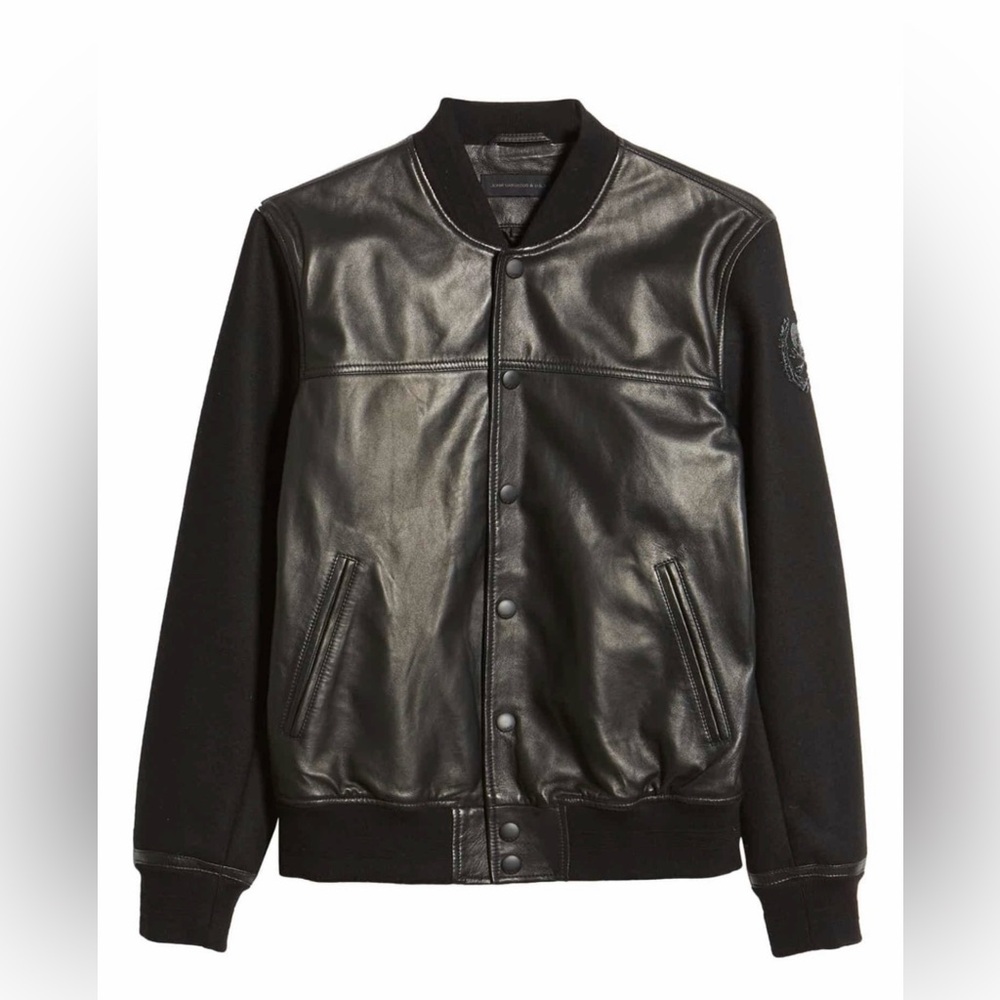 John Varvatos leather and wool baseball jacket